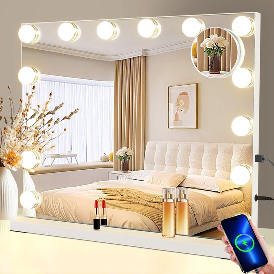 Miroir de maquillage Hollywood NETTLIFE - 50 x 40 cm - 14 LED - Lampes LED - Port de charge USB - Intensité variable - 3 modes d'éclairage - Smart Touch - Miroir LED- Miroir avec éclairage - pour chambre | Vestiaire