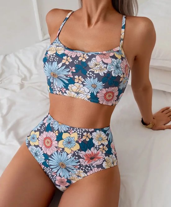Bikini tankini sexy élégant et coloré à imprimé floral avec culotte extra haute modèle 02 taille XL