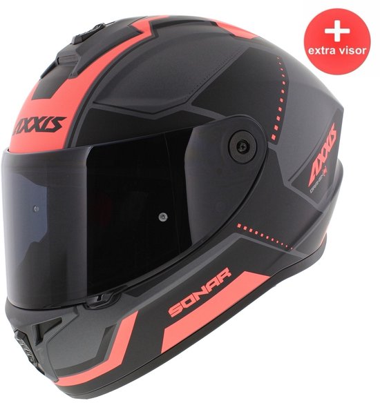 Matzwarte integraalhelm met grijs en roze patroon en donker vizier. "Extra vizier" icoon rechtsboven.