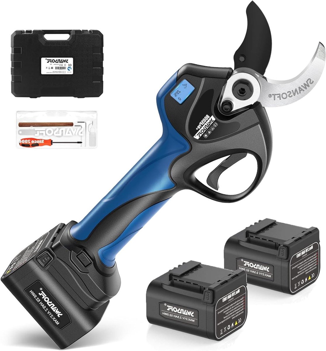 40 mm accuschaar met verlengkabel, 2 x 4 Ah batterijen - professionele elektrische snoeischaar voor wijngaarden en boomgaarden, 12 uur gebruiksduur