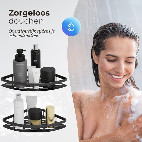 Support de douche sans perçage - Accessoires de salle de bain - Support de douche - Panier de douche - Acier inoxydable - Support d'angle - Suspension - Zwart - 2 pièces