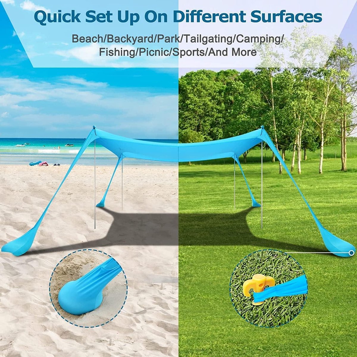 Zonnescherm voor strandtent draagbaar met 4 aluminium stangen 21 x 21 m UPF50+ - eenvoudig op te zetten voor strand camping vissen buitenshuis
