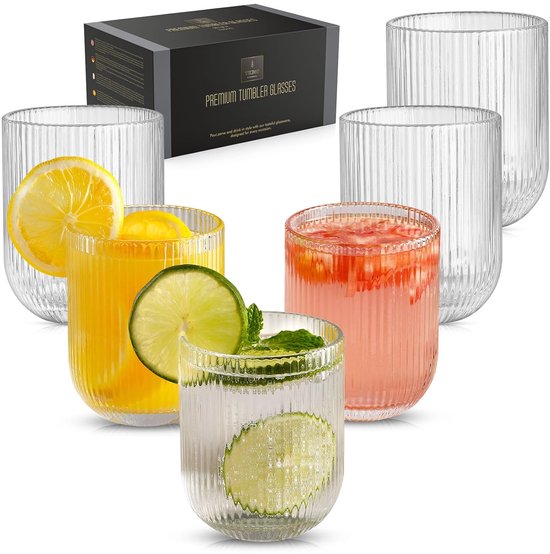 TKNO 6X 410ml Geribbelde Highball Glazen Lange Hi Ball Glas Water Gin Sap Cocktail Drinkglas Servies Origami Stijl Gegolfde Geribbelde Drank Tumblers Set, Ideaal voor Thuis, Restaurant, Evenementen