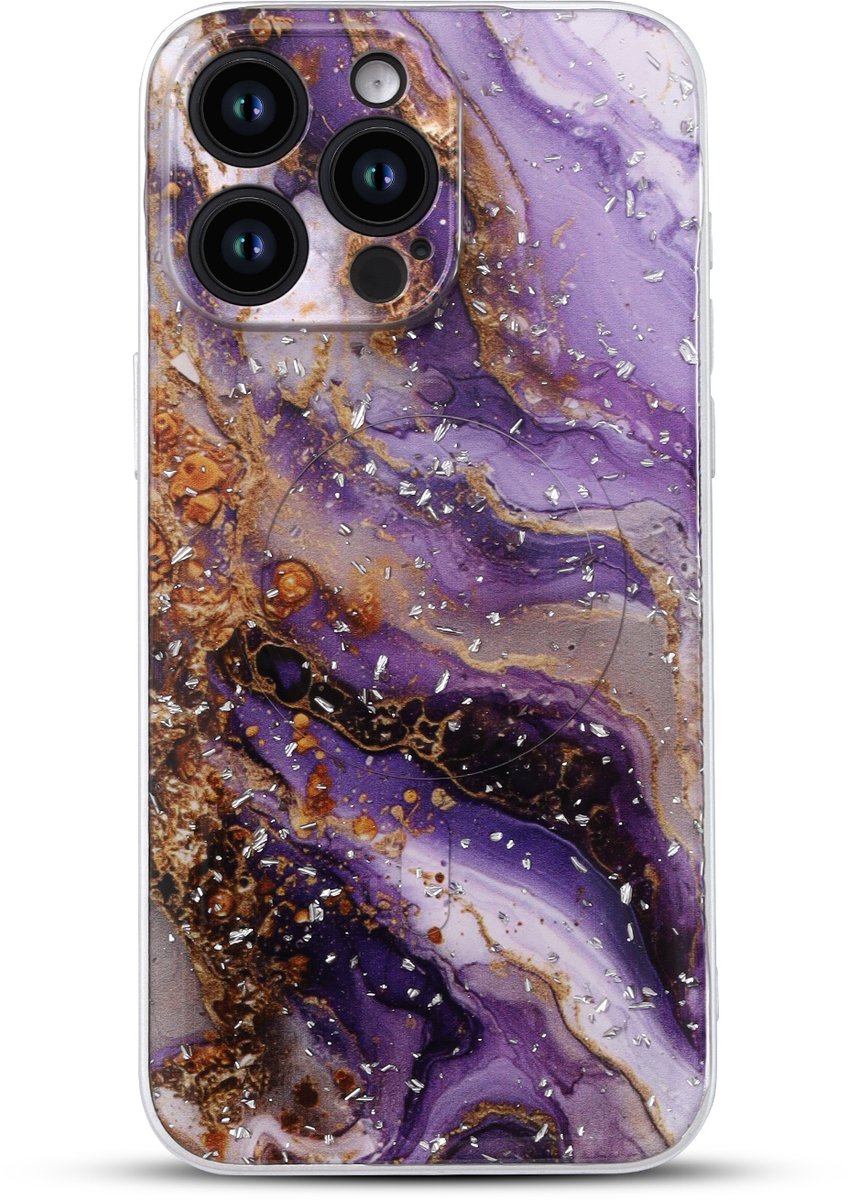 Casemania Hoesje Geschikt voor Apple iPhone 15 Pro - Paars - Marmer Glitter Back Cover met Camera Bescherming - Geschikt voor MagSafe