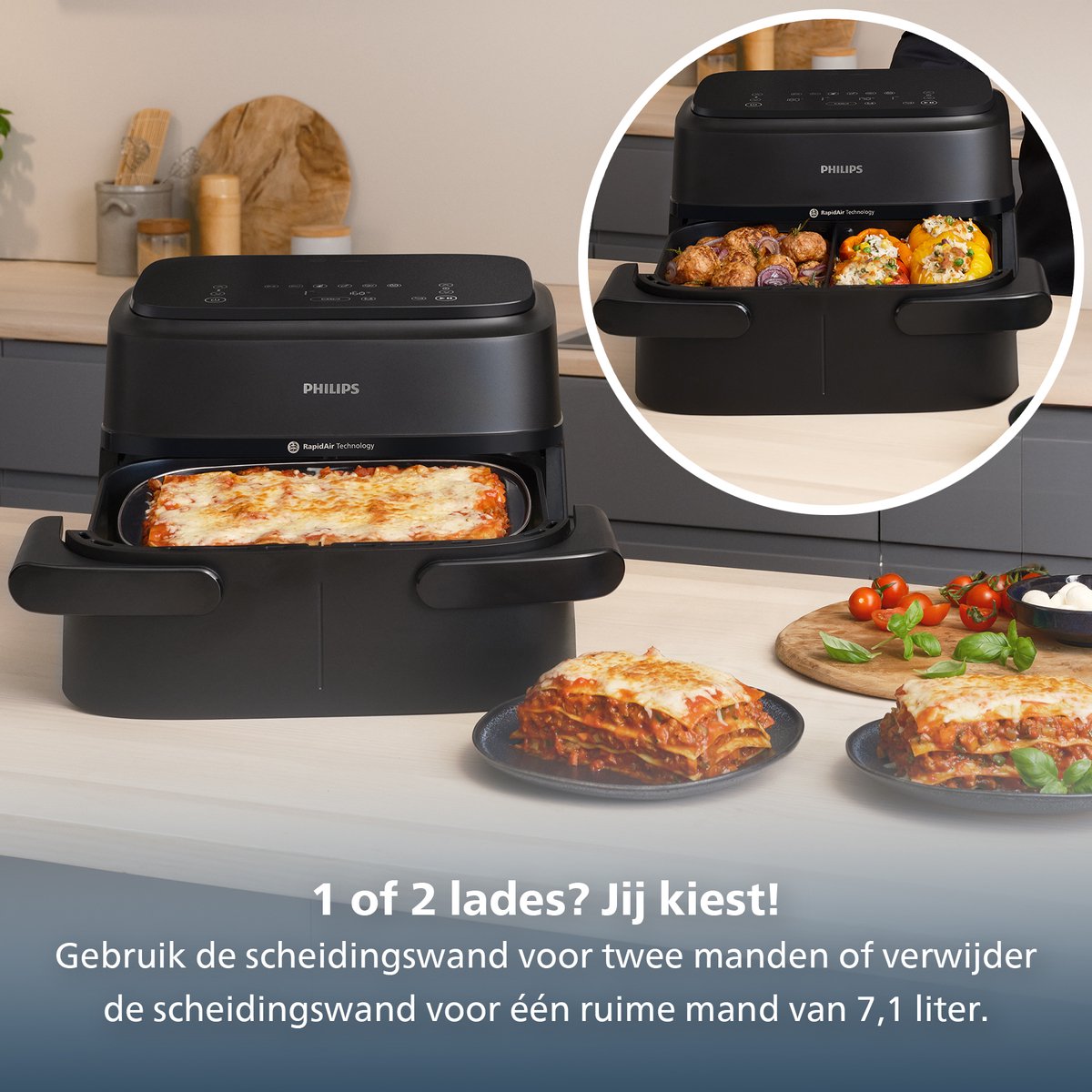 Afbeelding 3 van Philips 1000 Series Dual Basket Airfryer - NA150/00 - Dubbele Mand - Flexible Basket - 7.1L - Tot 5 Personen