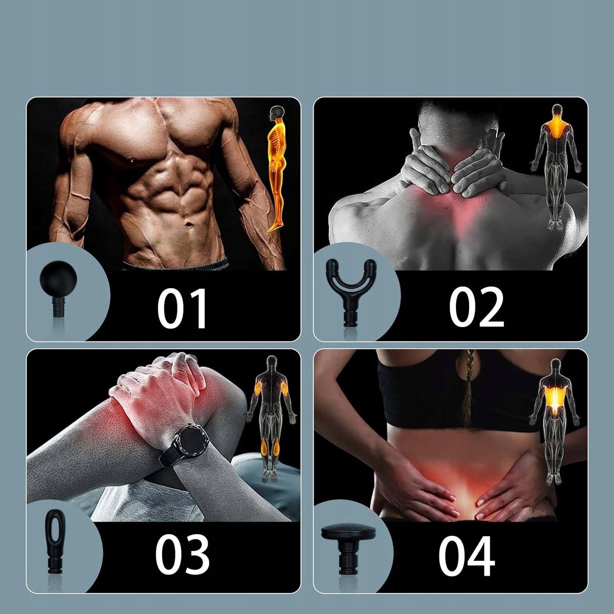 Afbeelding 3 van Elektrisch Elleboogmassagepistool - 1500 mAh - 120° Boogontwerp - Met verlengde handgreep - 5 snelheidsniveaus - 4 massagekoppen - Ultrastille technologie - Snel opladen