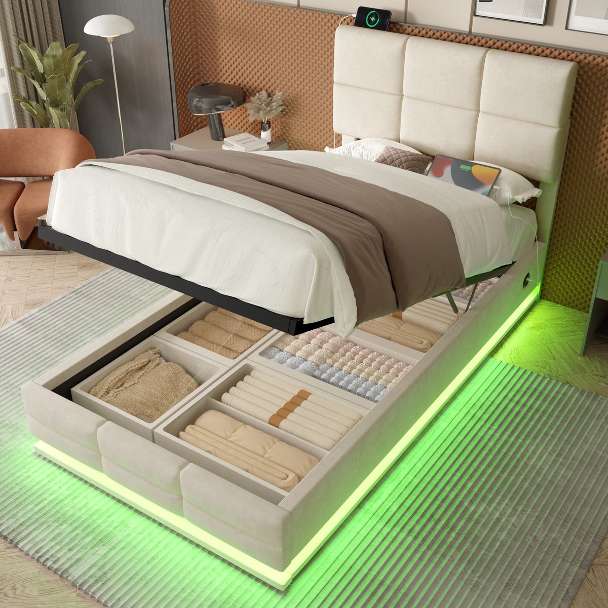 Gutent Eenpersoonsbed - 90x200 cm - Velvet - Verstelbaar hoofdeinde - USB/Type-C - LED-verlichting - Beige