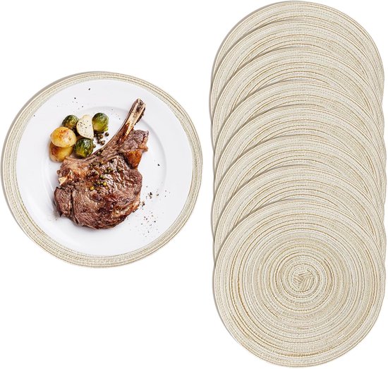 8-delige placemats - rond - 38 cm - gevlochten - onderzetters - borden, afwasbaar, rond, beige, placemat rond, eettafelmat, tafeldecoratie, onderzetter plaat voor eetkamer, keuken, bruiloft, feest