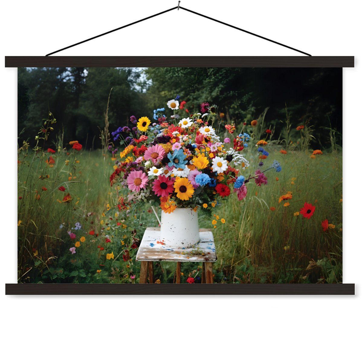 Posterhanger incl. Poster 90x60 cm - Schoolplaat - Bloemen - Krukje - Gieter - Veld - Text