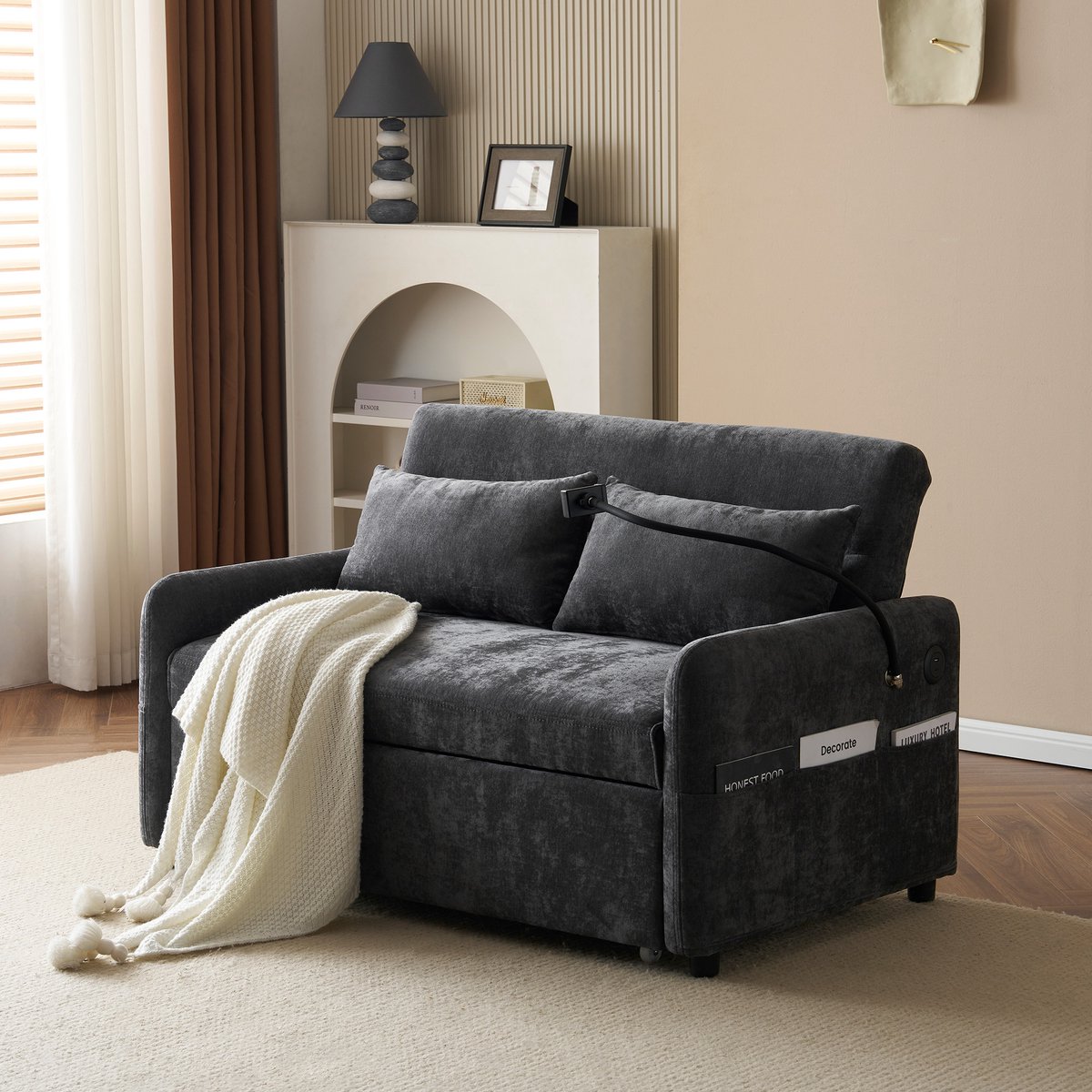 Gutent Sofa - Slaapbank voor twee personen - met slaapfunctie - Verstelbare rugleuning - Houder voor mobiele telefoon - USB-oplaadpoort - Grijs