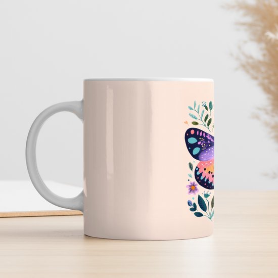 Mok - Koffiemok - Bloemen - Bladeren - Vlinder - Kleurrijk - Mokken - 350 ML - Beker - Koffiemokken - Theemok