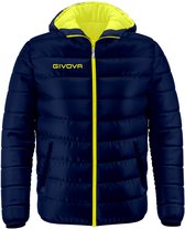 Donkerblauwe GIVOVA jas met gele rits en voering, capuchon, gevulde body en mouwen.