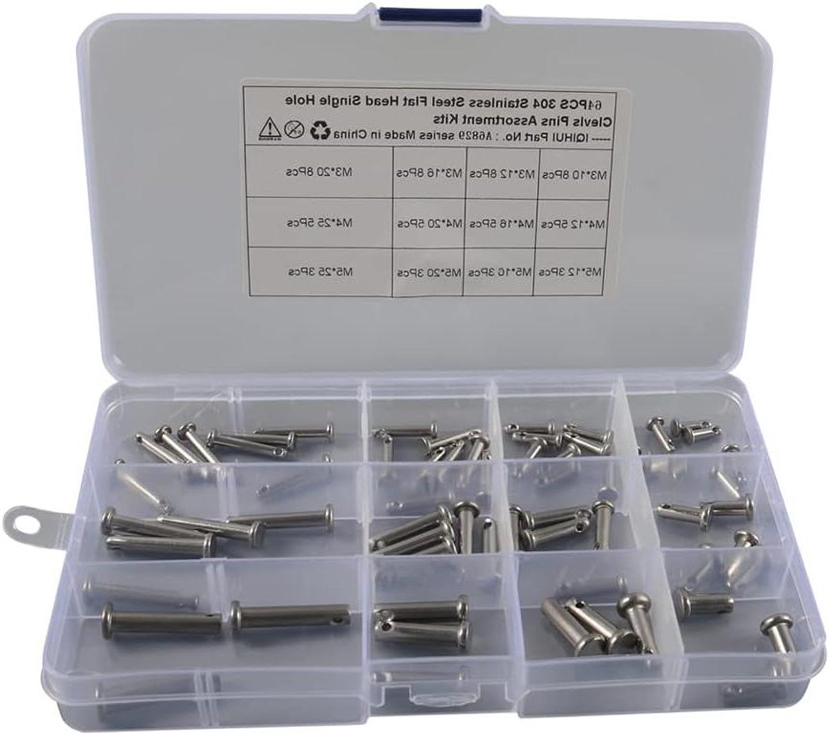 BijShane - Set van 64 platte kopstift cilinderpennen van roestvrij staal - Veiligheidsbouten in 12 maten M3/M4/M5 - Enkele boring - Vork pennen voor reparatie en bevestiging