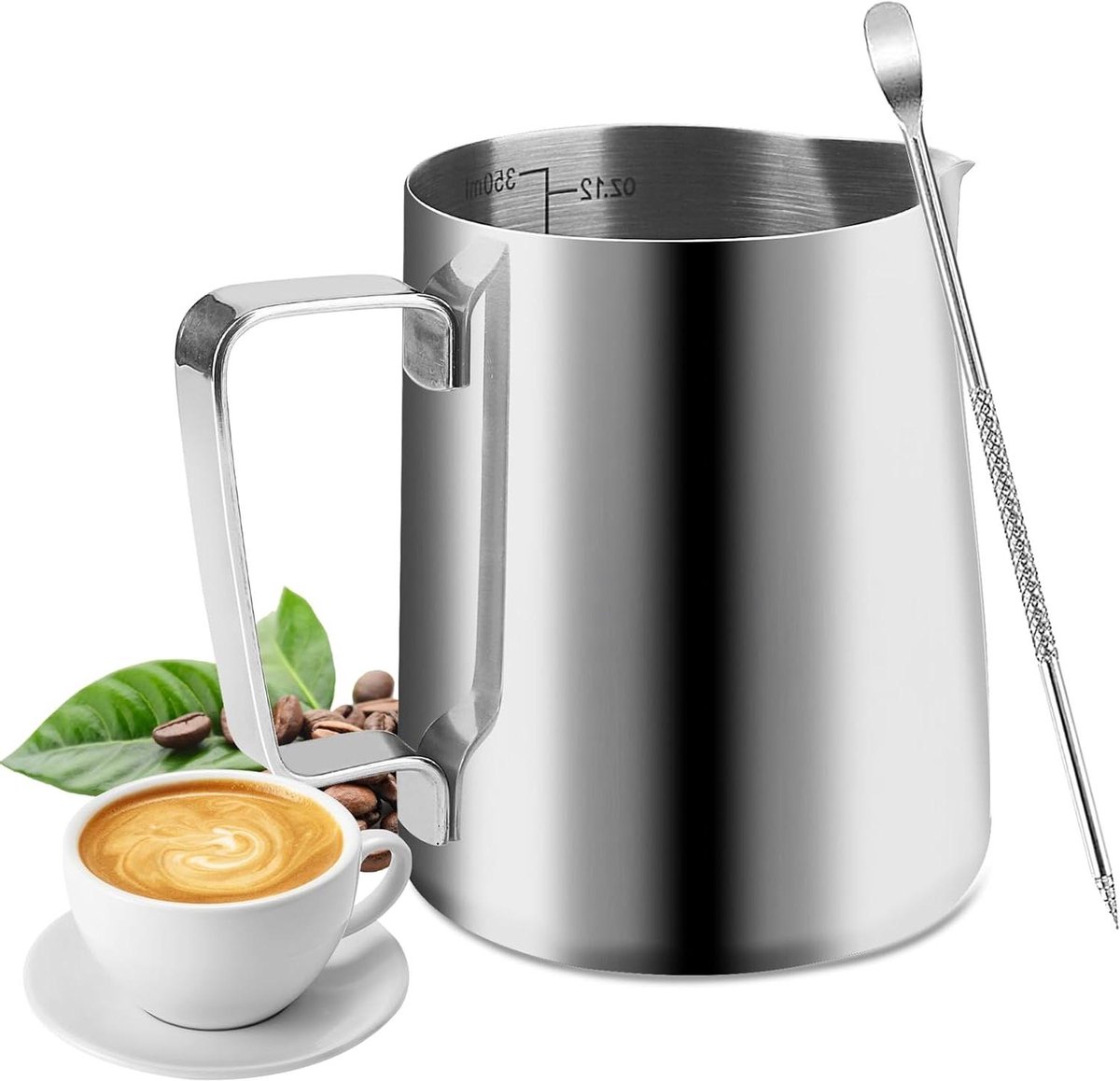 Als ByShane kan ik voor je titel voorstellen: "Milk Frothing Kannen - 350 ml - Met Maataanduiding - Geschikt voor Cappuccino, Koffie, Latte en Espresso"