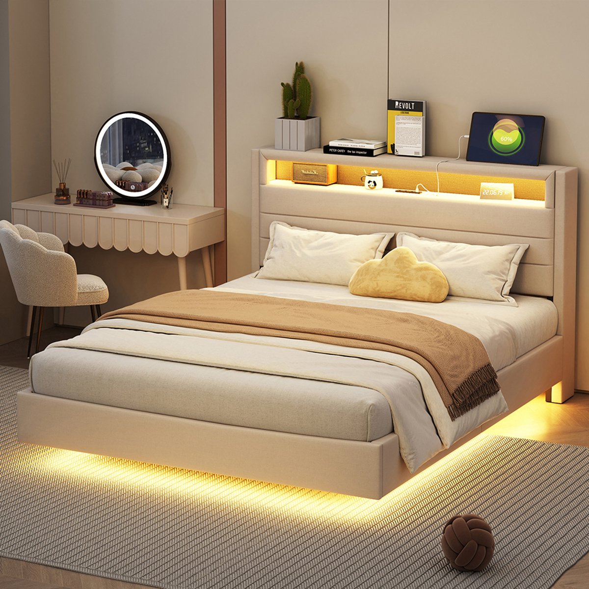 BLACKCOLORS Opbergbed 140x200 cm met USB-aansluiting en LED-verlichting, omkeerbaar hoofdeinde, verborgen voeteneinde, dubbel vlak bed, jeugdbed, volwassen bed, linnen stof beige