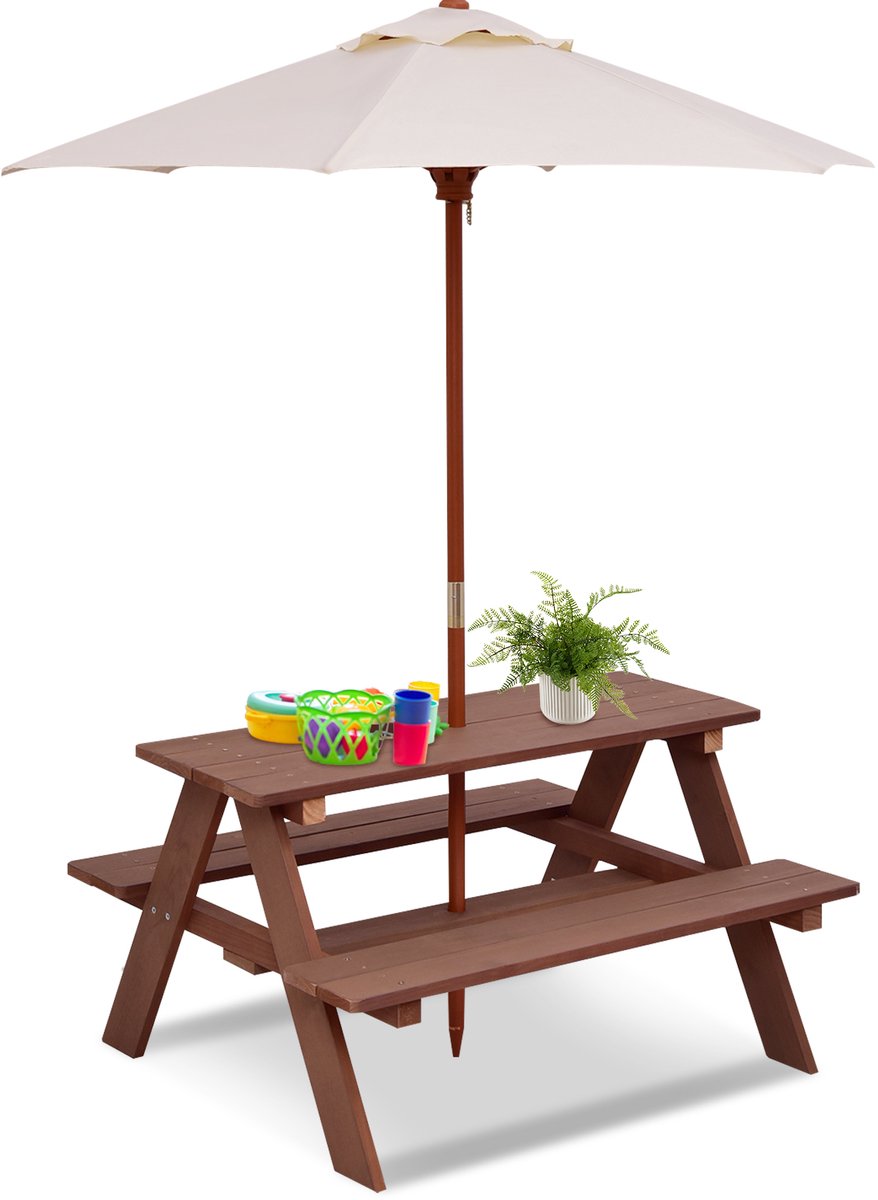 COSTWAY Kinderzitgroep met parasol, kinderzitset van dennenhout, picknicktafel, zitgroep buiten, zitmeubel, tuinmeubelen voor buiten