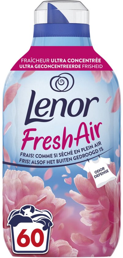Assouplissant Lenor Fresh Air ultra concentré, 60 lavages, avec des fleurs roses et un fond bleu.
