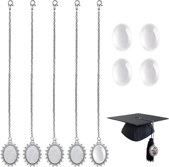 Foto: 5 st 2023 afstudeer cap tassel enkele fotolijst photo chain memorial photo charms voor bruidsboeket diy memorial photo chain hanger voor cap en gown ceremony zilver