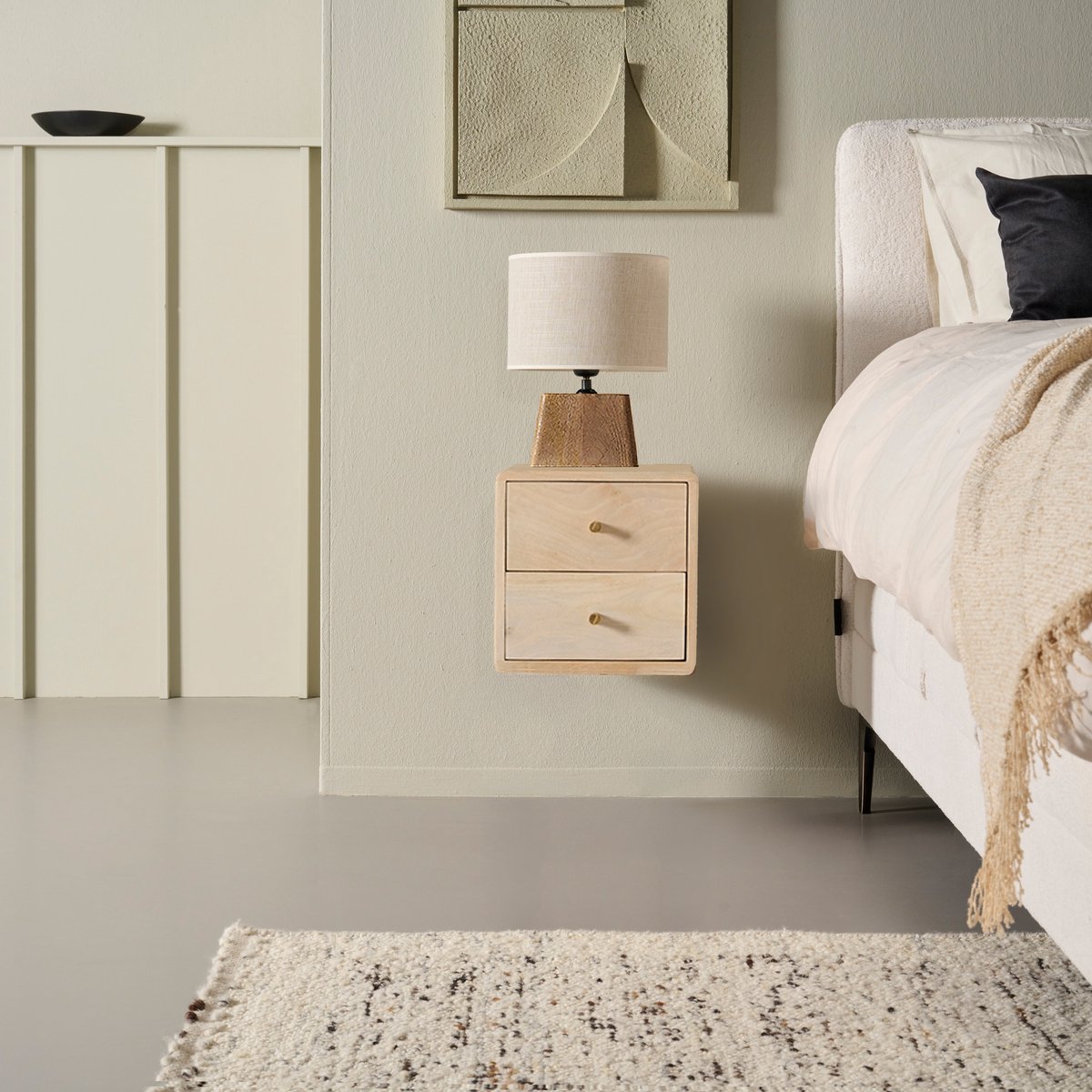 Zwevend Nachtkastje Borba - Mangohout - Naturel - 30x30x30 cm (BxHxD) - 2 Lades - Kleur White Oak - Wandmontage