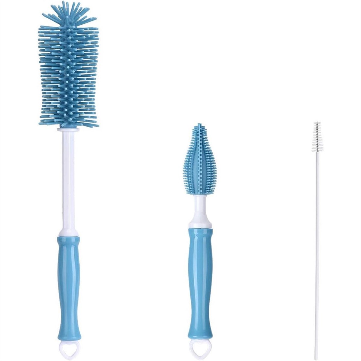 Image of 3-delige babyflessenborstel - Flessenreiniger - BPA-vrij - Siliconen - Hangende opbergruimte - Vaatwasserbestendig - Blauw