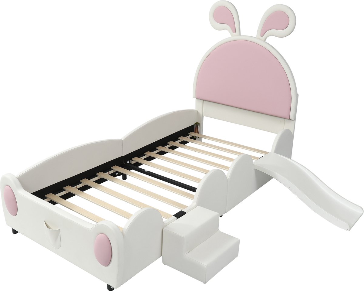 Gutent Kinderbedden - Prinsessenbedden voor meisjes - met trapje en glijbaan - Bunny look - PU stof - Wit +Roze - 90x200 cm - Zonder matras