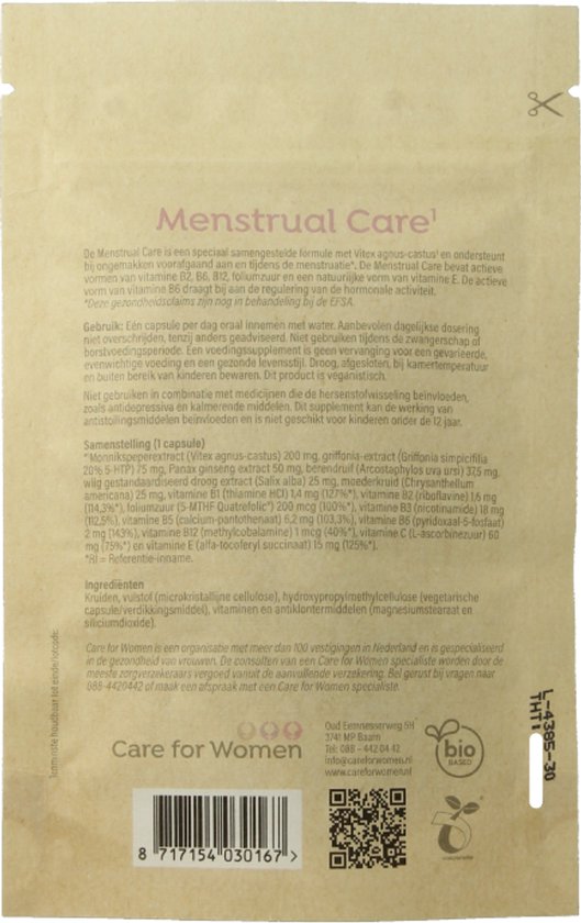 Achterkant papieren zak met ingrediënten en gebruiksaanwijzing. Care for Women, 30 vegetarische capsules. Bio-gebaseerd.