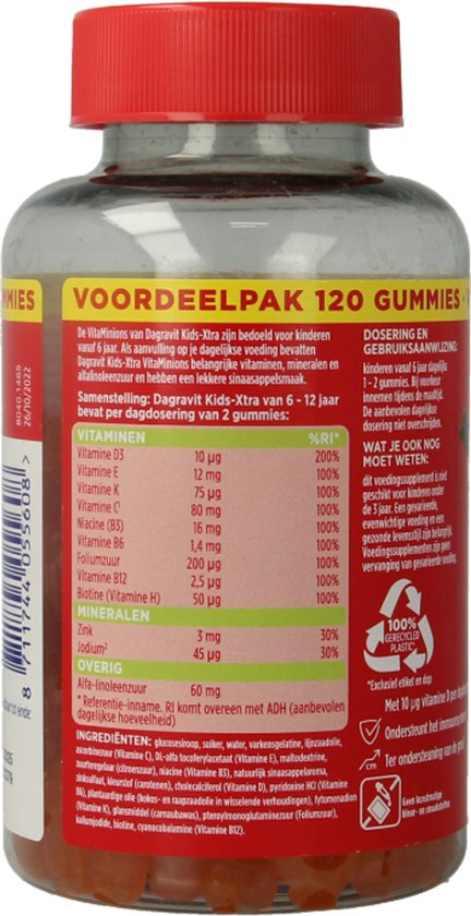 Label met ingrediënten en dosering voor 120 multivitamine gummies.