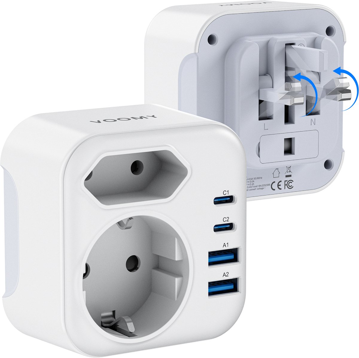 Voomy Reisstekker Engeland/UK - Met 2 Stopcontacten & 4 USB - Wereldstekker Type G - USB-C & USB-A - Wit