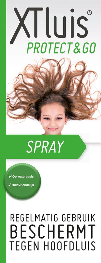 Een doos XTluis Protect & Go spray met een afbeelding van een meisje met wapperend bruin haar. Tekst: "SPRAY", "Op waterbasis", "Huidvriendelijk", "Regelmatig gebruik beschermt tegen hoofdluis".