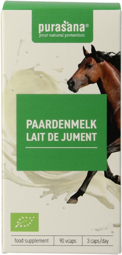 Doos met bruine paard in melk splash. 'Paardenmelk Lait de Jument' op groene band.