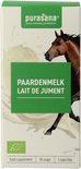 Doos met bruine paard in melk splash. 'Paardenmelk Lait de Jument' op groene band.