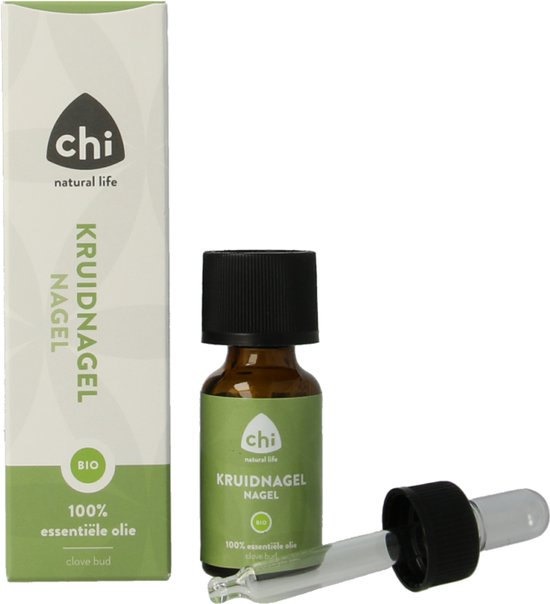 Flesje Chi Kruidnagel nagel BIO essentiële olie met druppelaar, naast een doosje met groene en witte patronen.