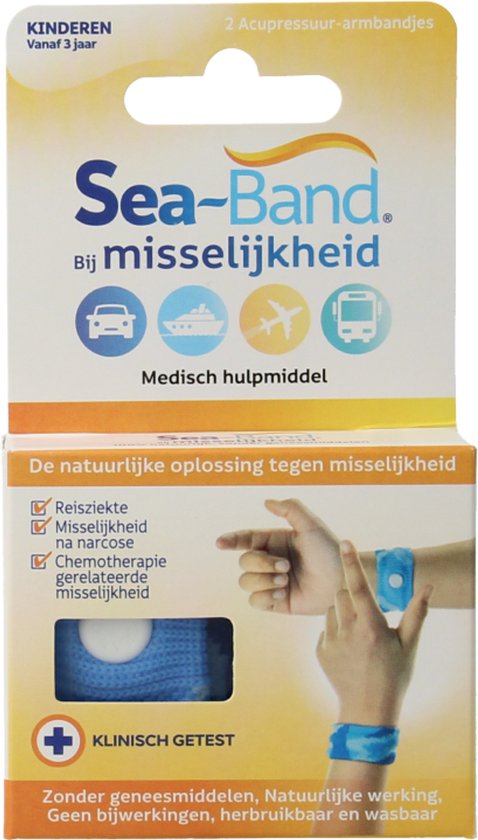 Verpakking van Sea-Band polsbandjes voor kinderen. Blauwe bandjes worden getoond op polsen. "De natuurlijke oplossing tegen misselijkheid."