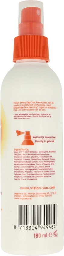 Witte sprayfles met oranje dop, Nederlandse tekst met ingrediënten en streepjescode.
