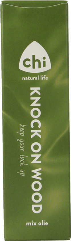 Groene verpakking met tekst 'CHI NATURAL LIFE KNOCK ON WOOD keep your luck up mix olie'.