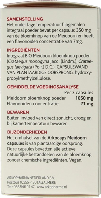 Achterkant verpakking Arkocaps Meidoorn, met samenstelling en ingrediënten.