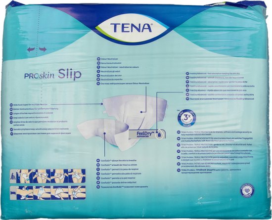 Verpakking van TENA ProSkin Slip. Bevat productinformatie, illustraties en CE-markering.