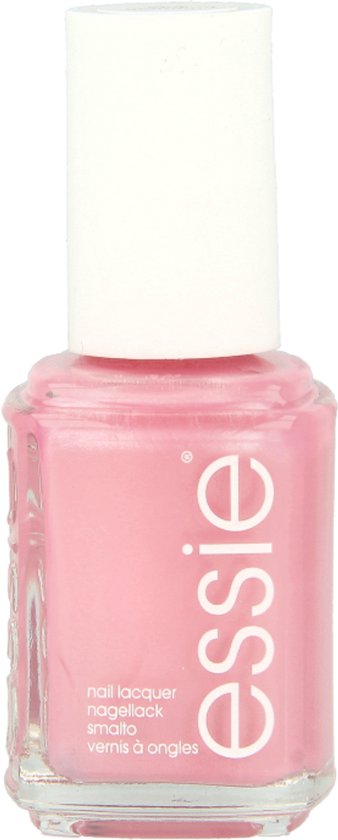 Essie nagellak in de kleur lichtroze. De fles is van glas met een witte dop, op een zwarte achtergrond.