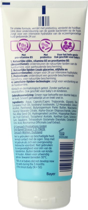 Witte tube met blauwe en paarse accenten, achterkant met productinformatie en ingrediënten. Bevat B5, prebiotica, lipiden.