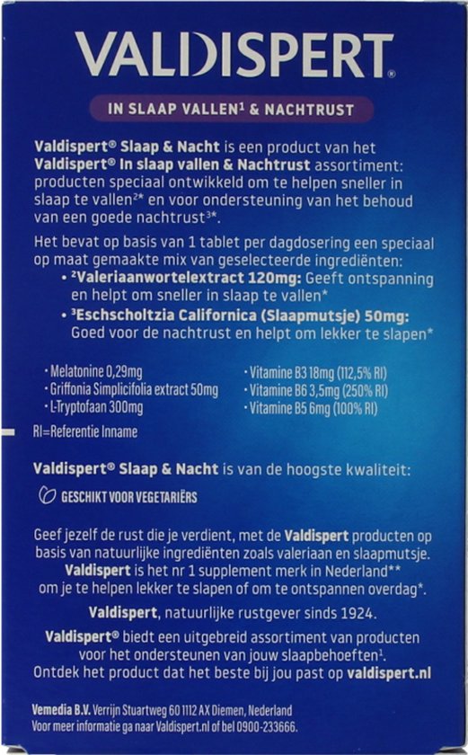 Achterkant van de Valdispert Slaap & Nacht verpakking met productinformatie en ingrediëntenlijst.