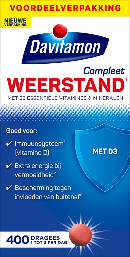 Davitamon Compleet Weerstand, met 22 essentiële vitamines & mineralen. Goed voor immuunsysteem, extra energie en bescherming. 400 dragees.