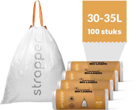 Grote witte Strapper afvalzak met oranje trekkoord, 30-35 liter, 100 stuks. Ernaast liggen 5 rollen.