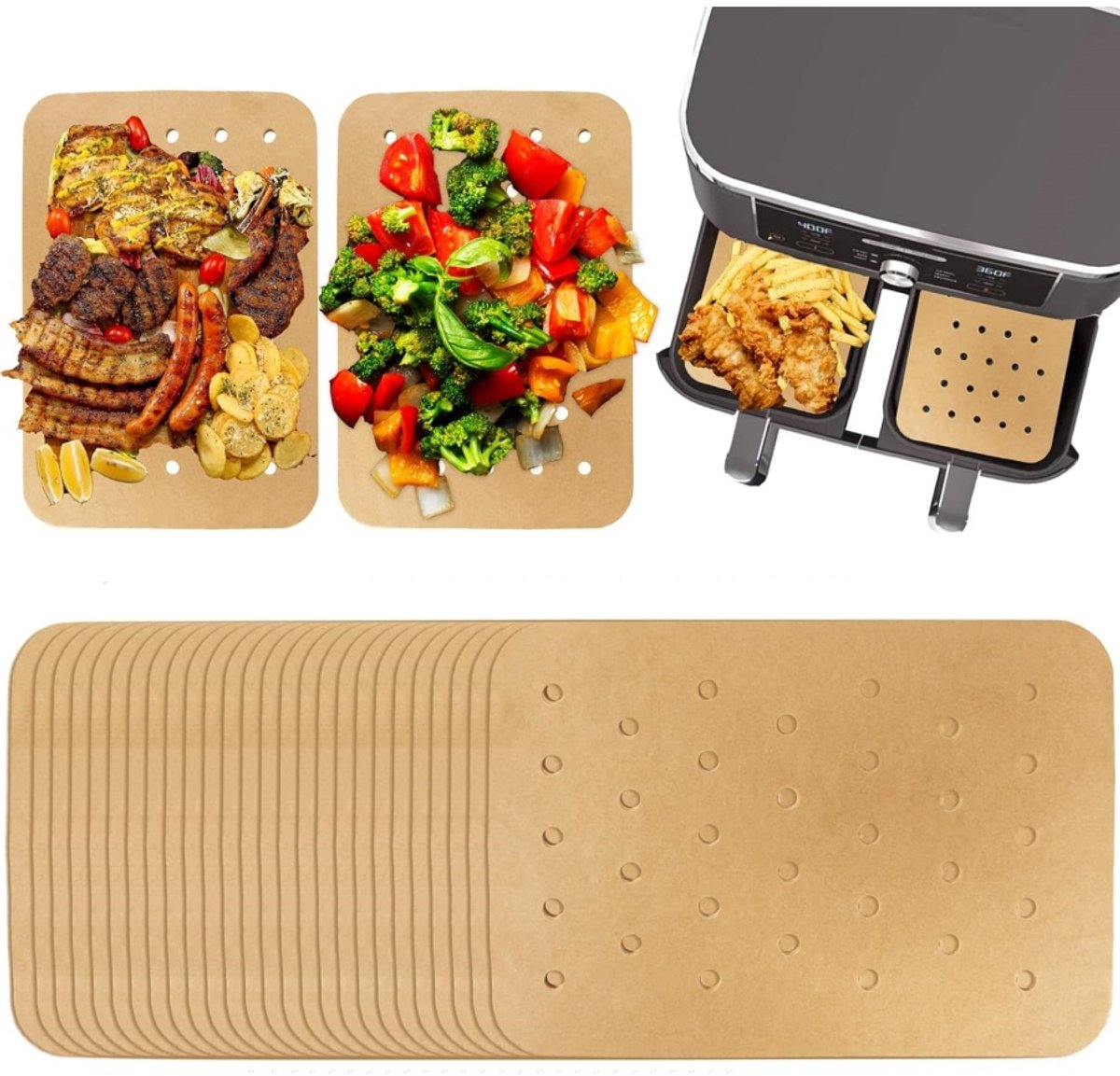 Daity 100 stuks - Airfryerpapier, Airfryervoering, bakpapier, antiaanbak geperforeerde Airfryer-accessoires (20,5*14 cm)