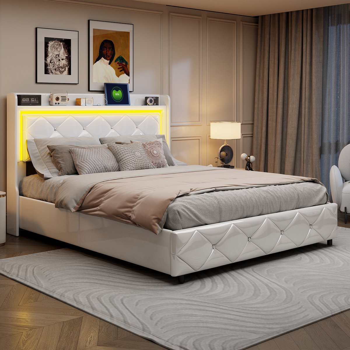 Bed 140x200 cm, tweepersoonsbed Hydraulisch opbergbed met lattenbodem, hoofdbord met LED en USB, bedframe voor volwassenen en tieners, zonder matras, PU glanzend wit