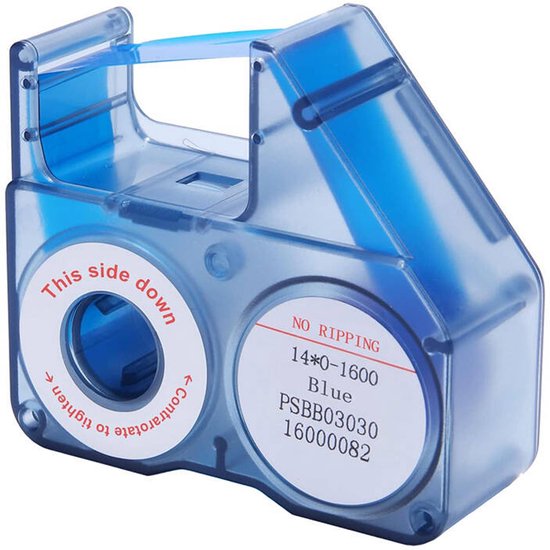 Blauwe labeltape dispenser met tekst 'This side down' en 'No Ripping'.