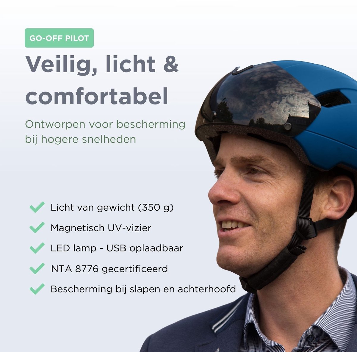 GOOFF® Pilot 4-in-1 Snorfiets Helm met Verlichting en Vizier - Speed Pedelec Fietshelm voor Volwassenen - NTA 8776 - Snorscooter Helm met LED Licht - Goedgekeurd voor Blauw Kenteken en E Bike - Dames en Heren - M - Blauw thumbnail 2