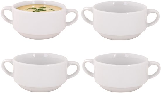 Bols à soupe Cosy & Trendy Essential - 4x - blanc - D11 x 6 cm - porcelaine - bols avec anses - petit-déjeuner/collation - empilables