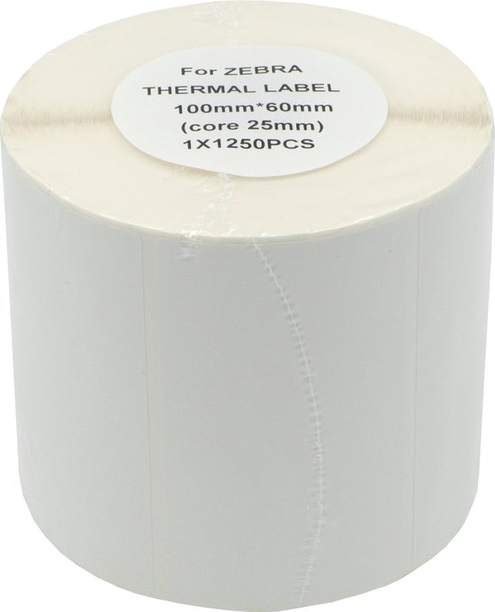 Rol met witte Zebra thermische etiketten, 100x60mm, kern 25mm, 1250 stuks.