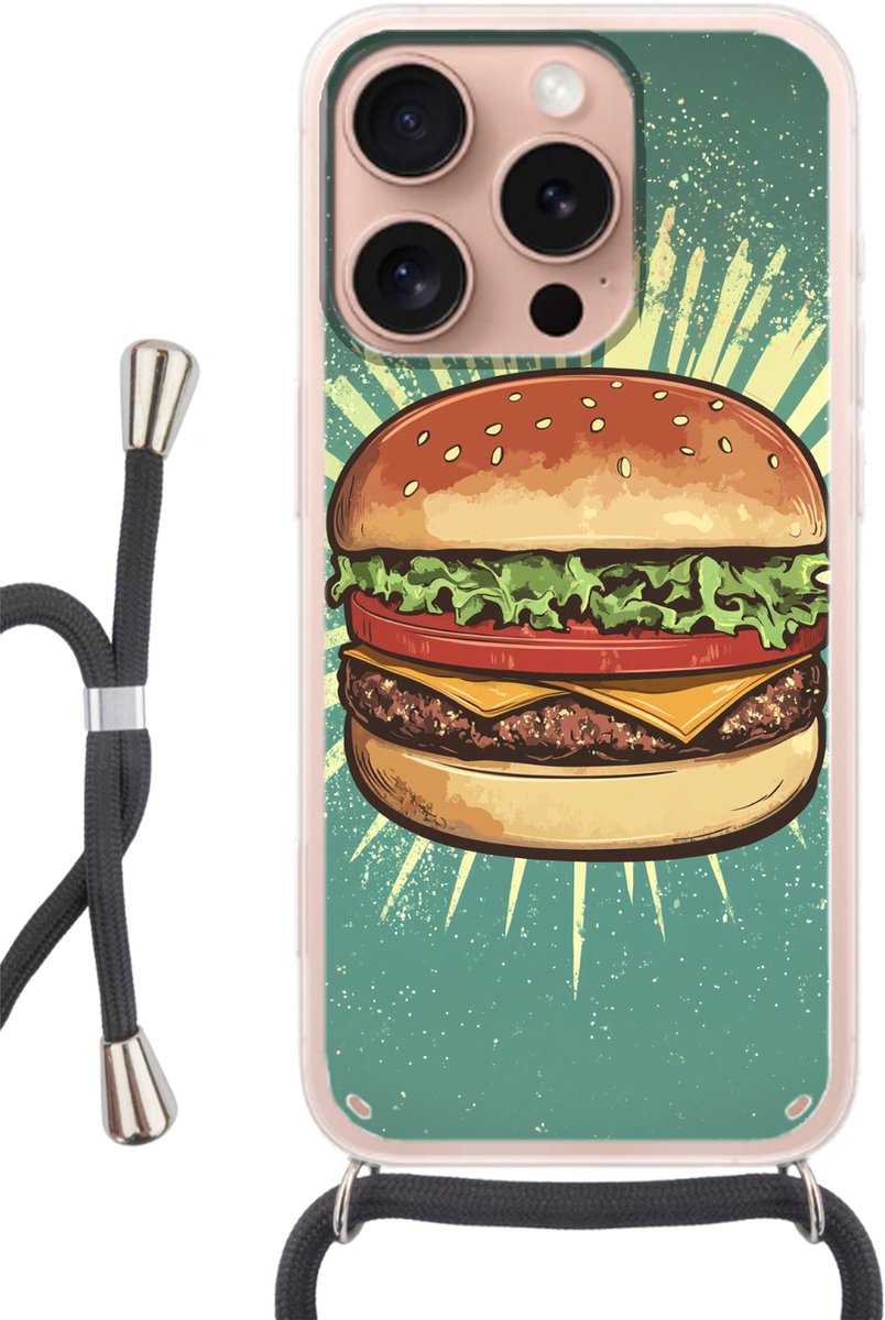 Telefoonhoesje Geschikt voor iPhone 16 Pro - Hamburger - Illustratie - Sla - Kaas - Siliconen - Crossbody - Backcover met Koord - Telefoonhoesje met koord - Hoesje met touw Telefoonhoesje
