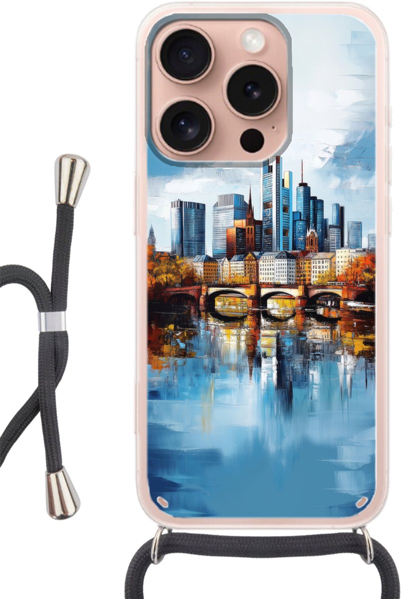 Telefoonhoesje Geschikt voor iPhone 16 Pro - Bomen Frankfurt- Stad - Skyline - Brug - Siliconen - Crossbody - Backcover met Koord - Telefoonhoesje met koord - Hoesje met touw Telefoonhoesje
